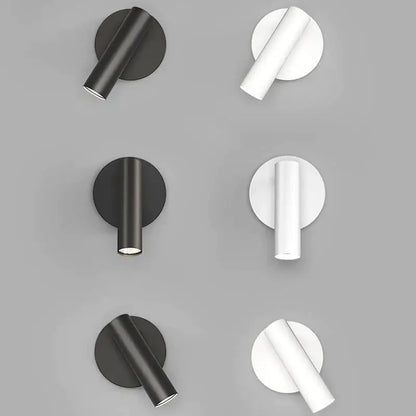 Modern minimalist black and white led wall lamp featuring cylindrical fixtures and circular backplates for bedroom lighting