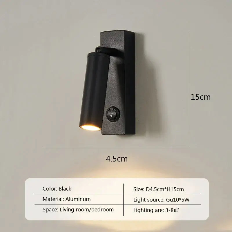 Black aluminum wall lamp with cylindrical head and adjustable arm modern minimalist led wall lamp for bedroom spotlight