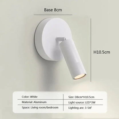 White aluminum led wall lamp with adjustable head in modern minimalist black and white design for bedroom spotlight use