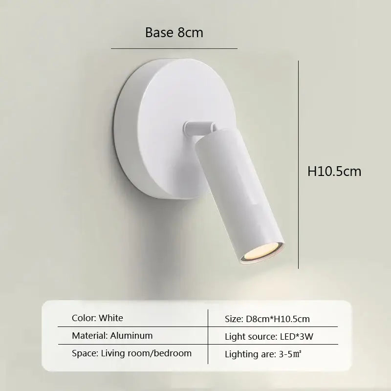 White aluminum led wall lamp with adjustable head in modern minimalist black and white design for bedroom spotlight use