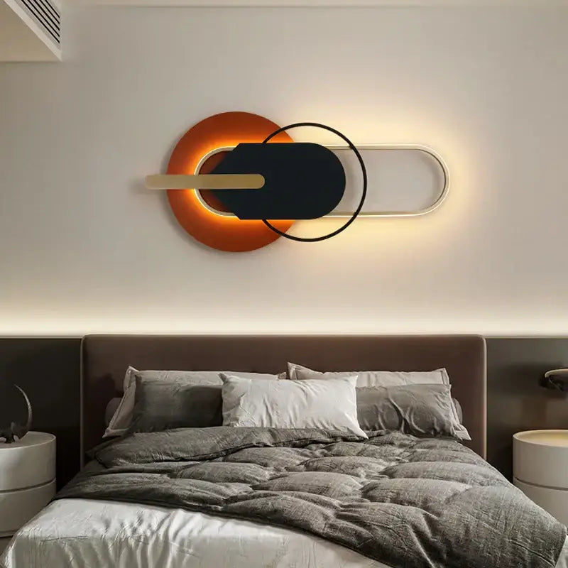 Modern minimalist black and white led wall lamp with geometric orange glowing base and metallic accents for bedroom decorbites led wall