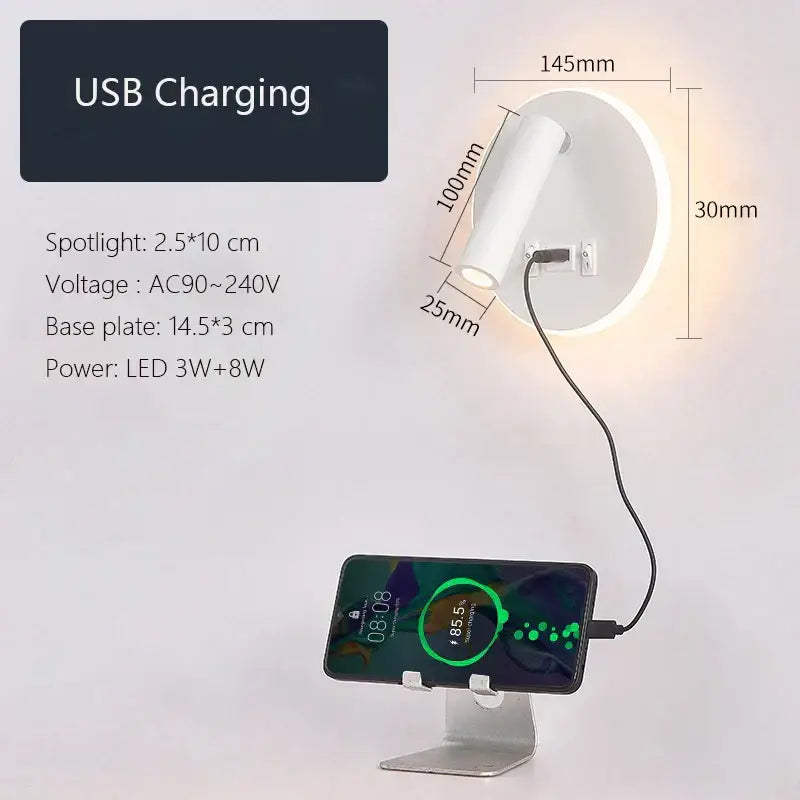 Modern minimalist white cylindrical led wall lamp usb with circular base plate for bedroom sconce lighting