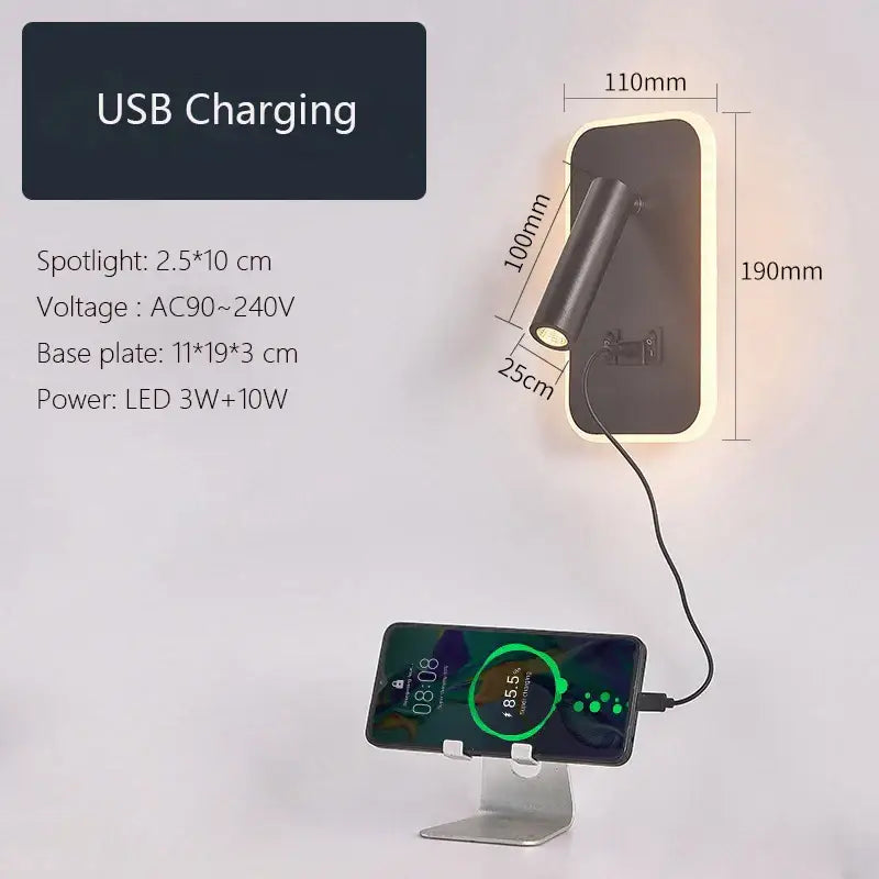 Modern minimalist black and white led wall lamp with usb charging port for sleek contemporary bedroom sconce lighting