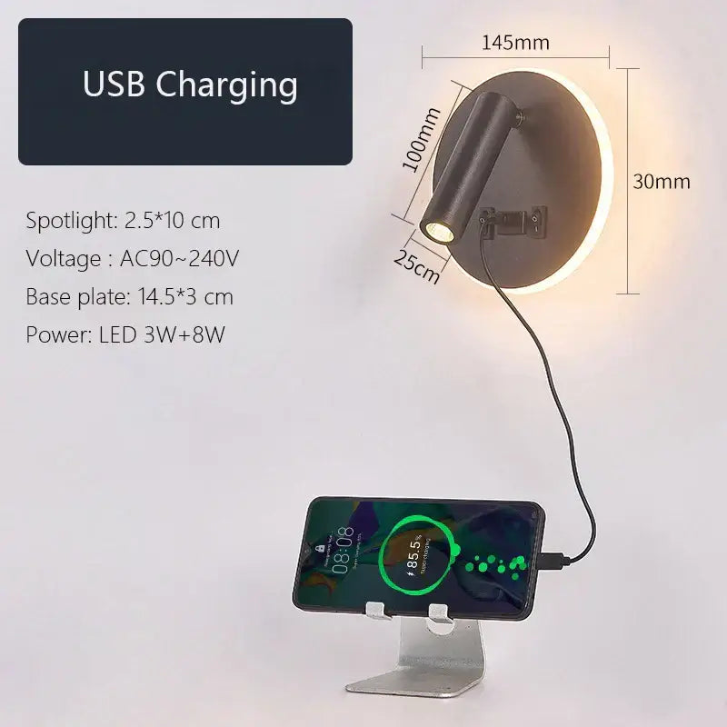 Modern minimalist black and white led wall lamp with usb charging port and metallic phone stand for bedroom use