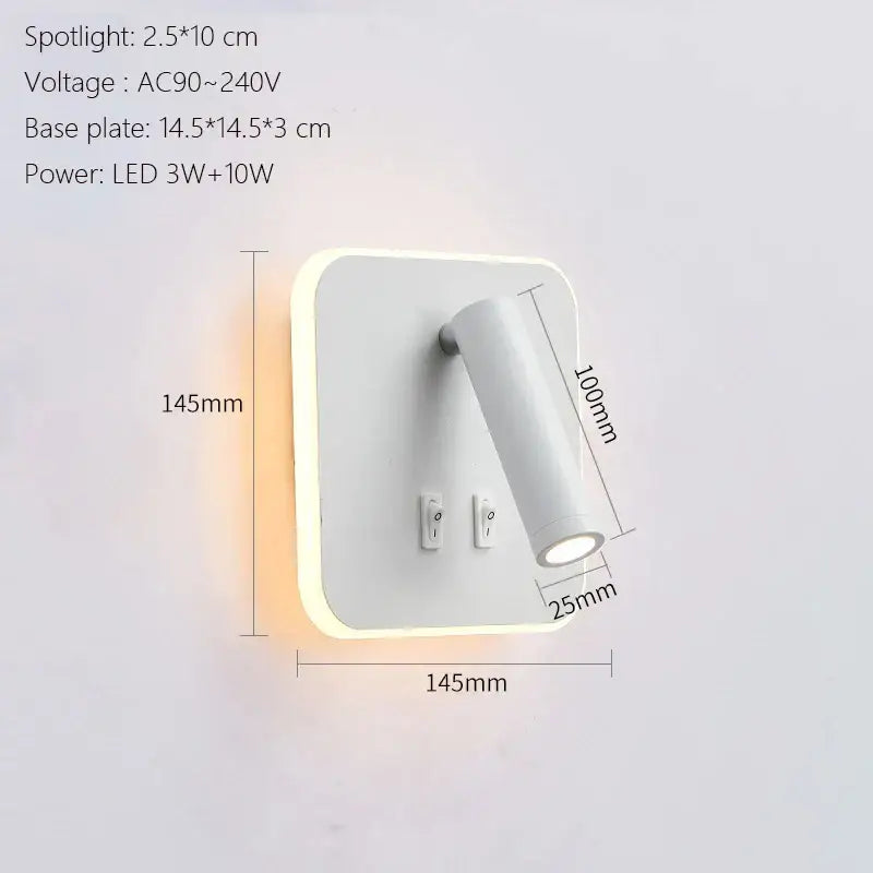 White rectangular wall lamp with cylindrical spotlight and two switches modern minimalist led wall lamp usb bedroom sconce