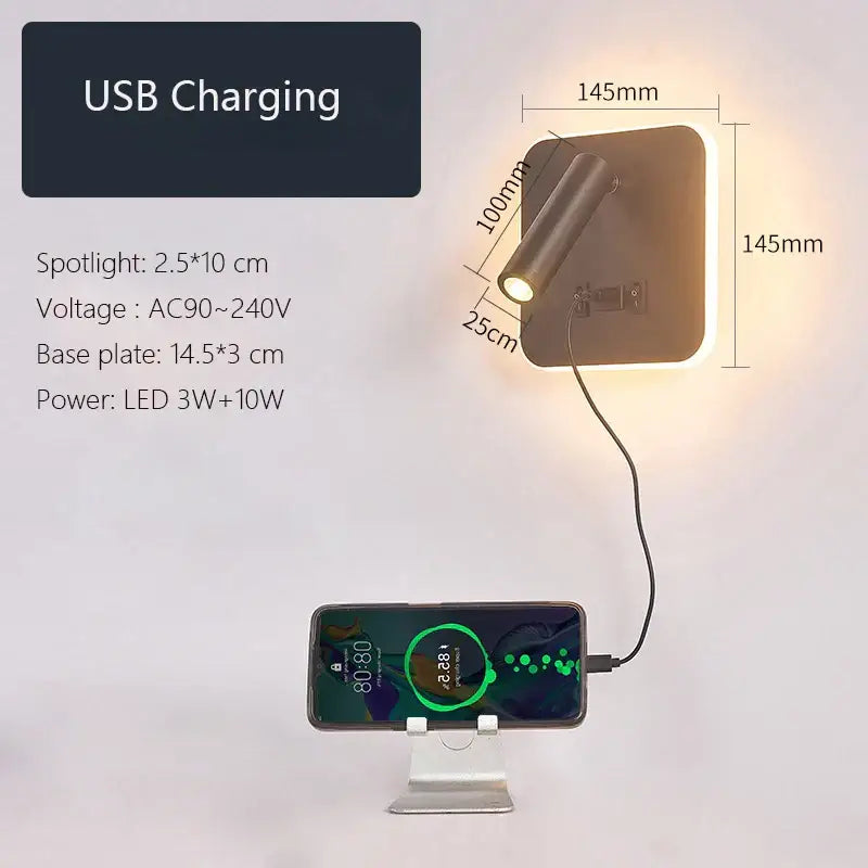 Modern minimalist black and white led wall lamp usb with matte black adjustable arm for ambient lighting and device charging