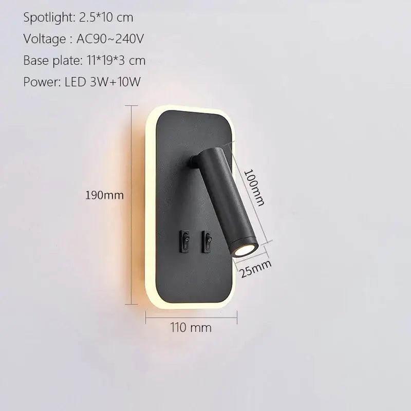 Modern minimalist black led wall lamp with a sleek rectangular base and adjustable spotlight arm usb bedroom sconce