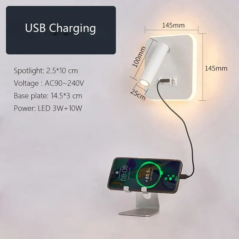White led wall lamp with adjustable spotlight and integrated usb charging port for modern minimalist bedroom use