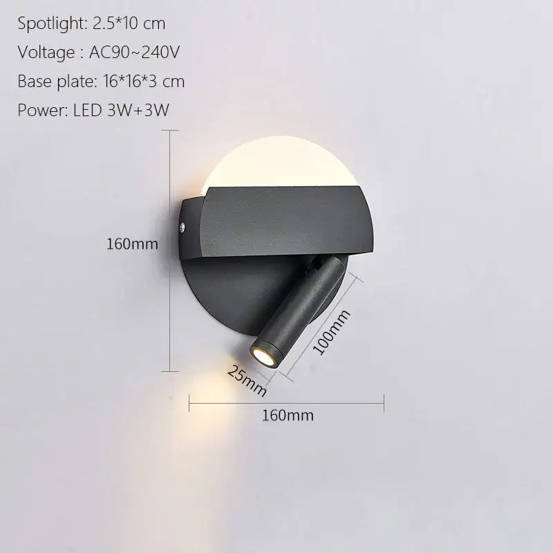 Modern minimalist black led wall lamp usb with angular spotlight and integrated circular diffuser for bedroom sconce