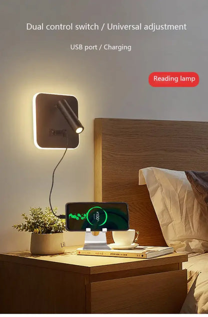 Modern black led wall lamp with adjustable beam and integrated usb charging port for minimalist bedroom decor