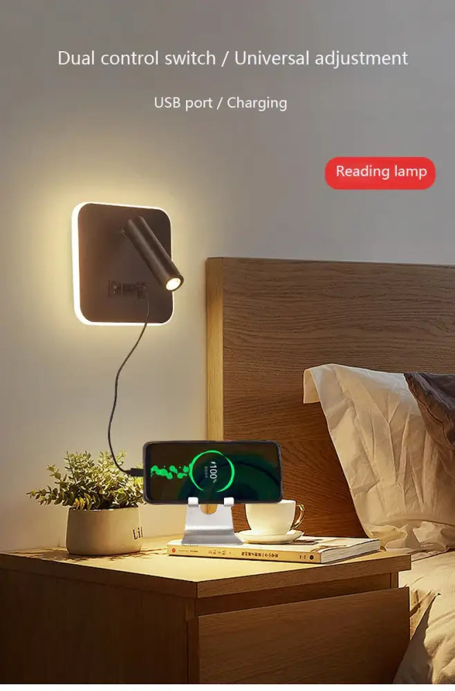 Modern black led wall lamp with adjustable beam and integrated usb charging port for minimalist bedroom decor
