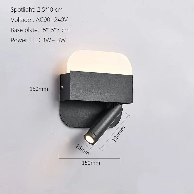 Modern minimalist black metal led wall lamp with rectangular base and adjustable cylindrical head usb bedroom sconce