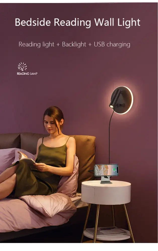 Modern minimalist black and white led wall lamp usb with circular bedside reading light and glowing led ring