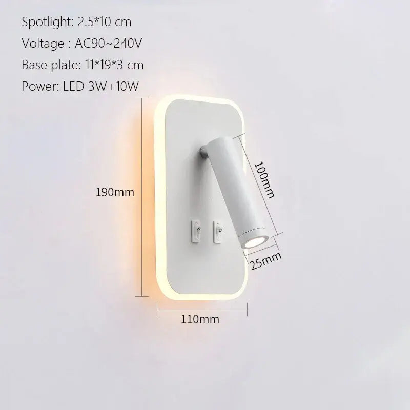 White rectangular wall lamp usb with led spotlight and adjustable arm in modern minimalist black and white design