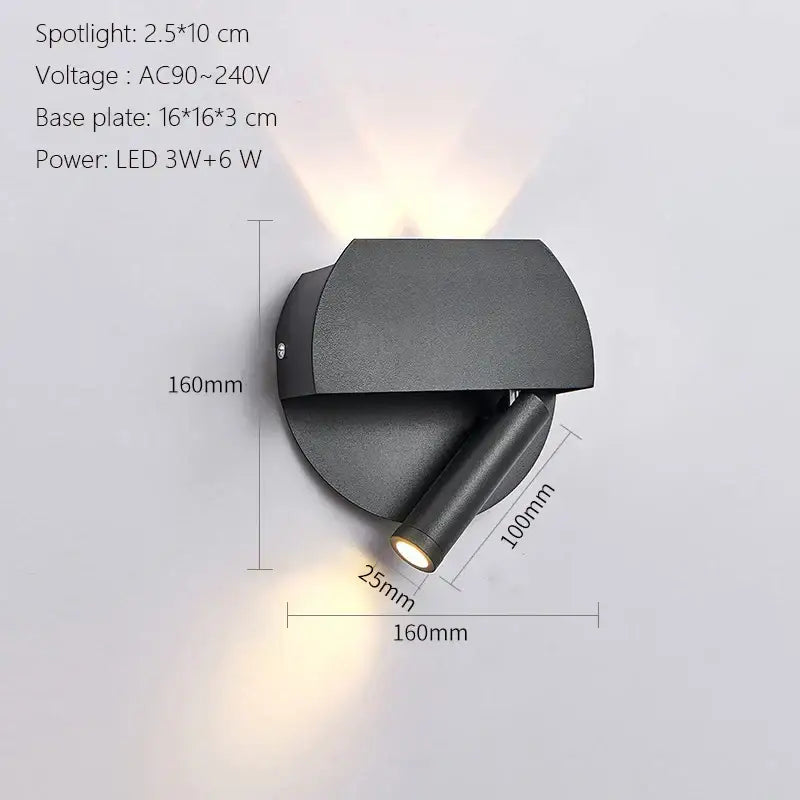 Black matte-finished modern minimalist led wall lamp usb with dual-directional lighting for bedroom use