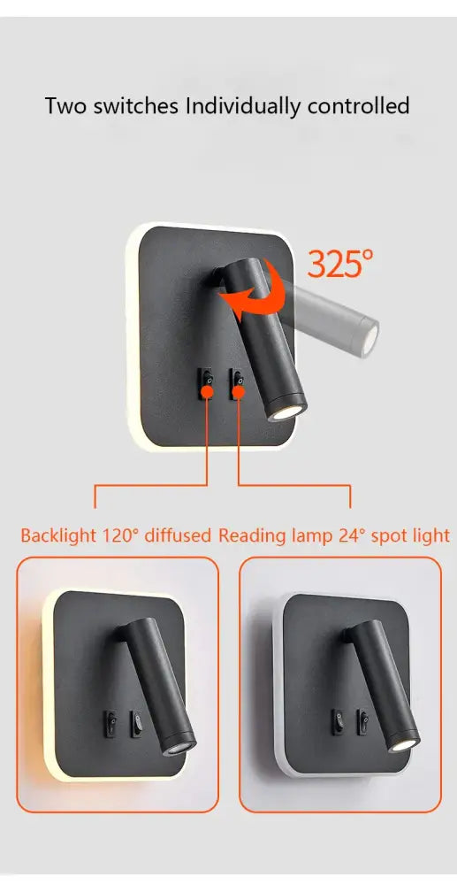 Modern minimalist black matte led wall lamp usb with adjustable 325-degree swivel head and dual-switch control