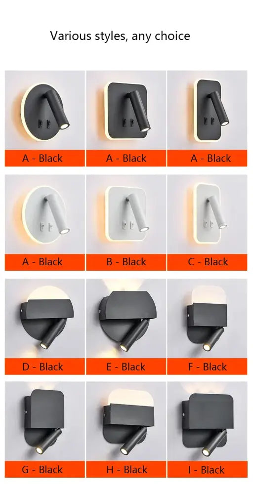 Modern minimalist black led wall lamp usb with angular adjustable spotlights for bedroom reading use