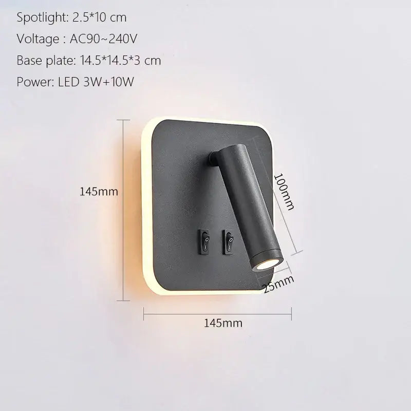 Black matte-finished modern minimalist led wall lamp usb with cylindrical spotlight and illuminated base plate for bedroom