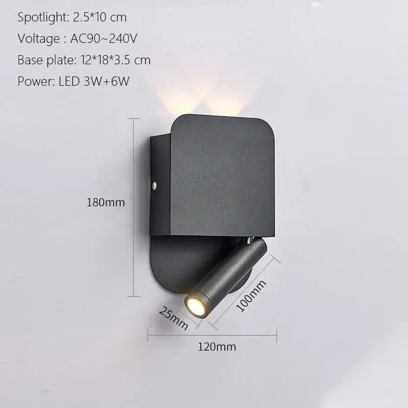 Modern minimalist black matte led wall lamp usb with adjustable cylindrical head and rectangular wall-mounted base