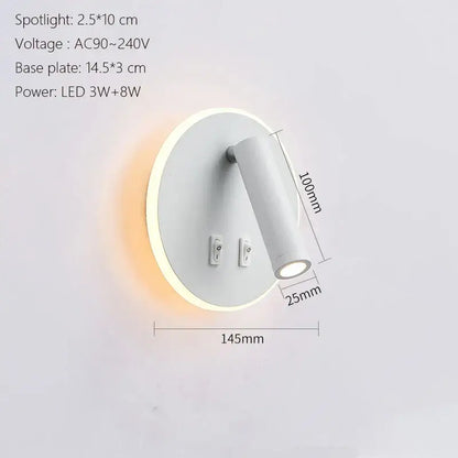 White led wall lamp usb with a circular base and adjustable cylindrical spotlight for modern minimalist bedroom use
