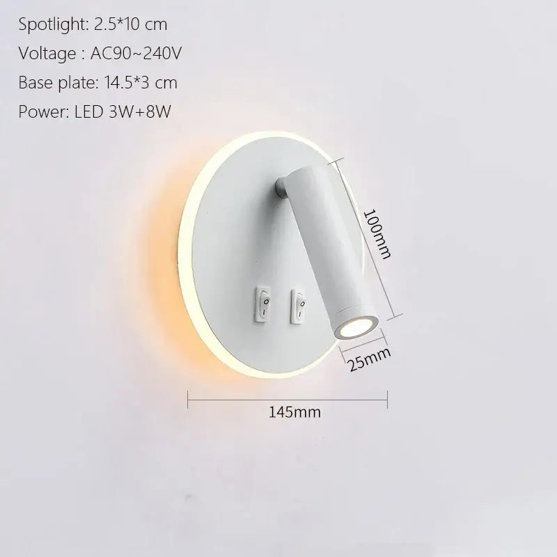White led wall lamp usb with a circular base and adjustable cylindrical spotlight for modern minimalist bedroom use
