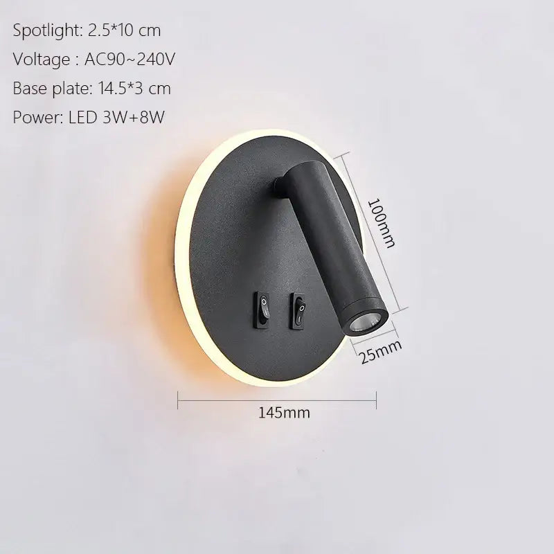 Black oval led wall lamp with cylindrical adjustable head and glowing circular base for modern bedroom usb sconce