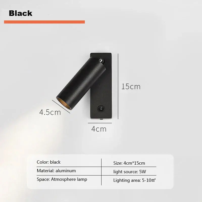 Modern minimalist black aluminum wall light with cylindrical head and rectangular base for decorbites led wall use