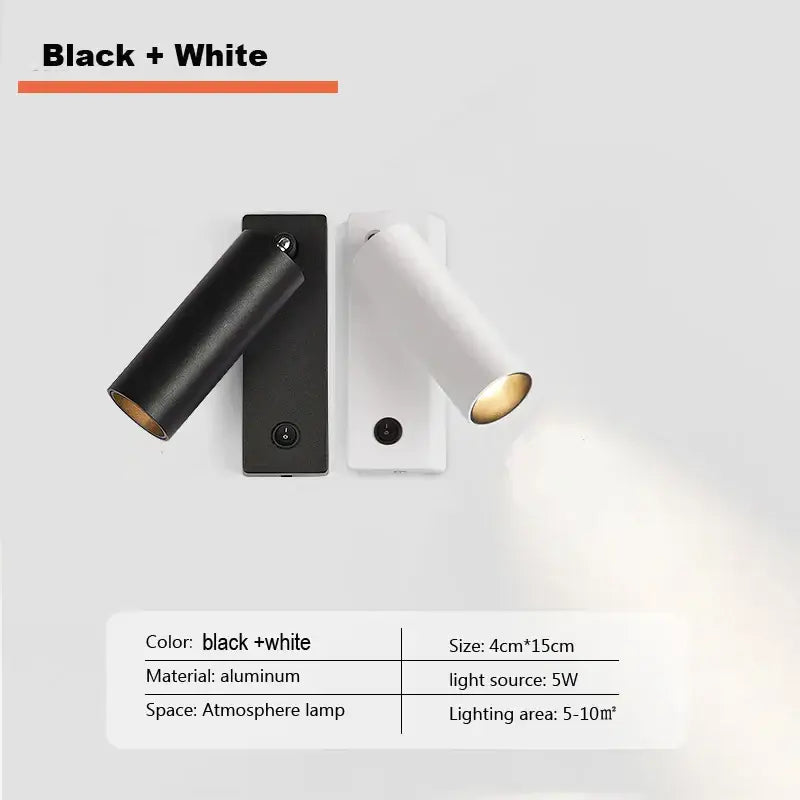 Modern minimalist black and white aluminum wall light with adjustable cylindrical led heads for bedroom decorbites led wall light