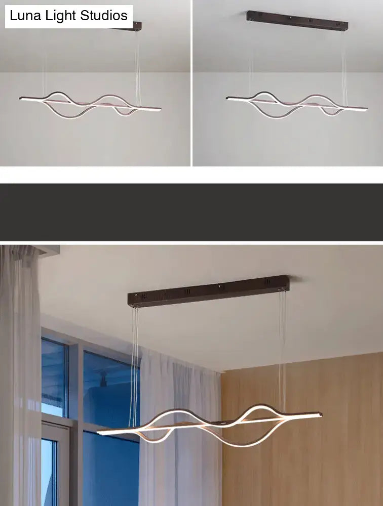 Modern minimalist black and white wave led ceiling light with chain cord offering polished silver and warm white color temperature