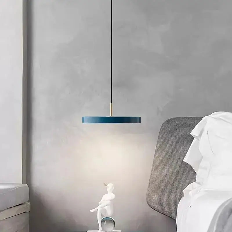 Modern minimalist blue and gold led study disc pendant light with circular metal shade by decorbites for bedroom decor