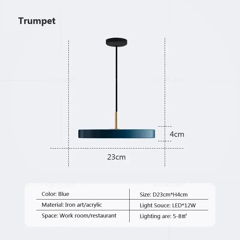 Modern minimalist blue and gold led study disc pendant light with iron art and acrylic for bedroom decorbites led study