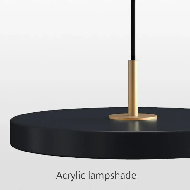 Modern minimalist pendant light with black acrylic lampshade and gold metal stem for decorbites led study disc use