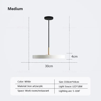 White circular pendant light with black mount and brass accent made of iron art and acrylic for decorbites led study