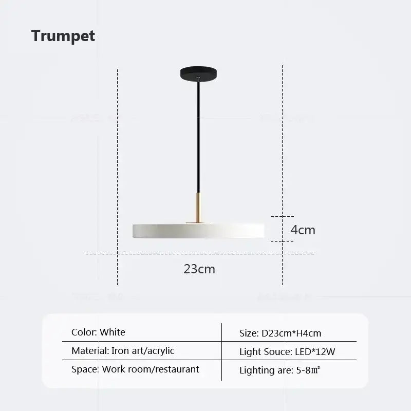 White modern minimalist pendant light with sleek iron and acrylic design featuring decorbites led study disc bulb