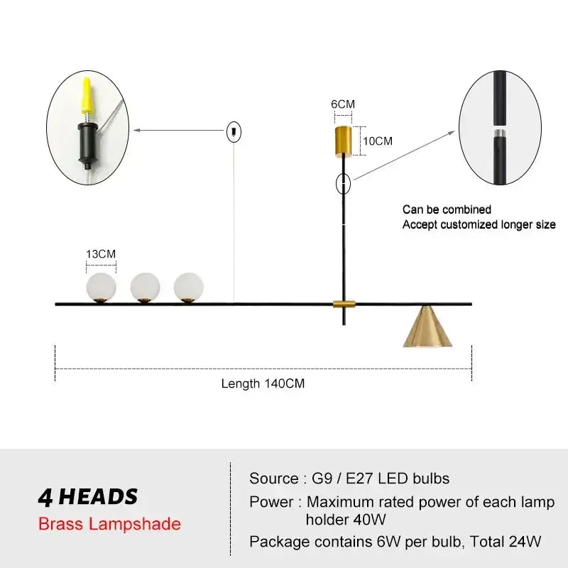 Modern minimalist brass and glass chandelier pendant light with four spherical lampshades and adjustable height options