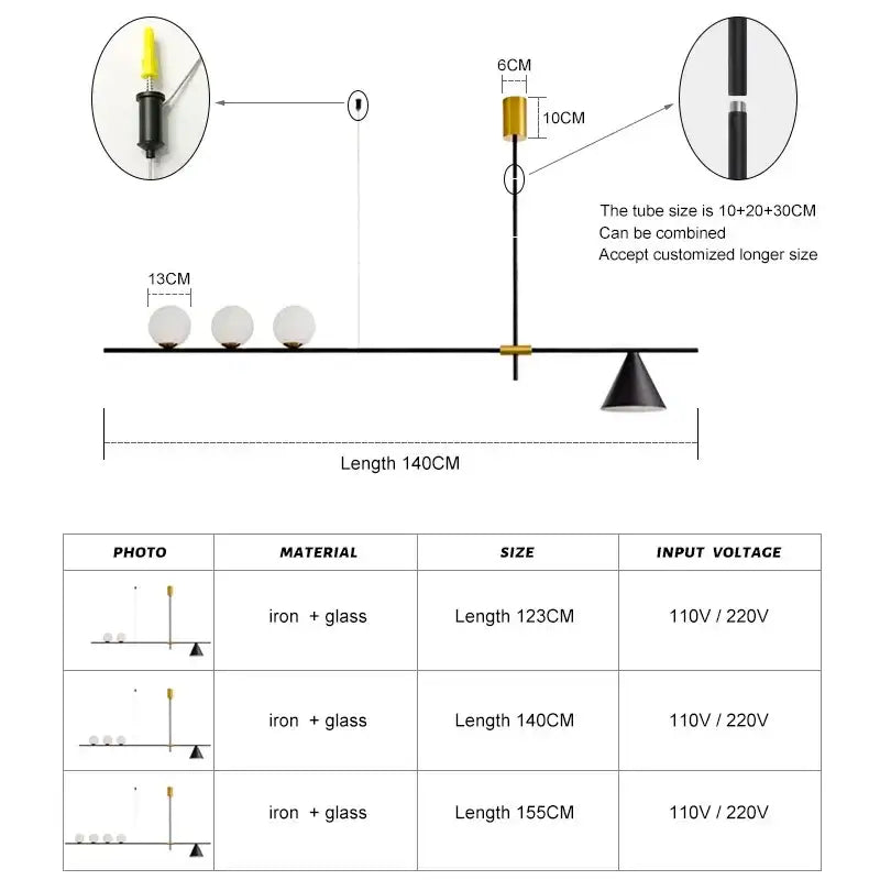 Modern minimalist black iron and glass chandelier pendant light with three spherical bulbs and gold-toned accents