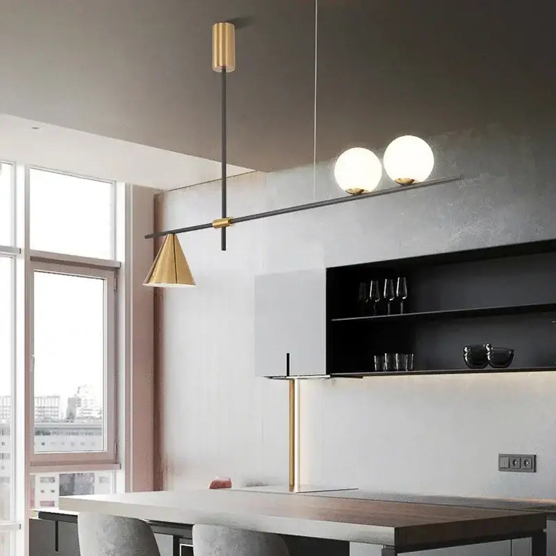 Modern minimalist brass and glass chandelier pendant light with black rod gold accents and frosted glass bulbs for dining room