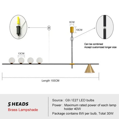 Modern minimalist brass and glass chandelier pendant light with five white spherical lampshades and adjustable height
