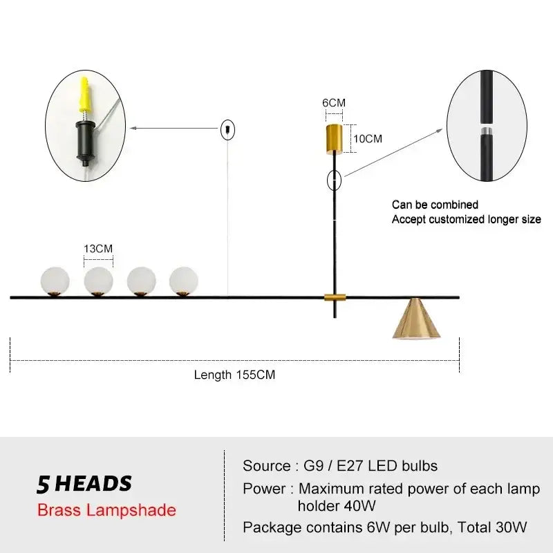 Modern minimalist brass and glass chandelier pendant light with five white spherical lampshades and adjustable height