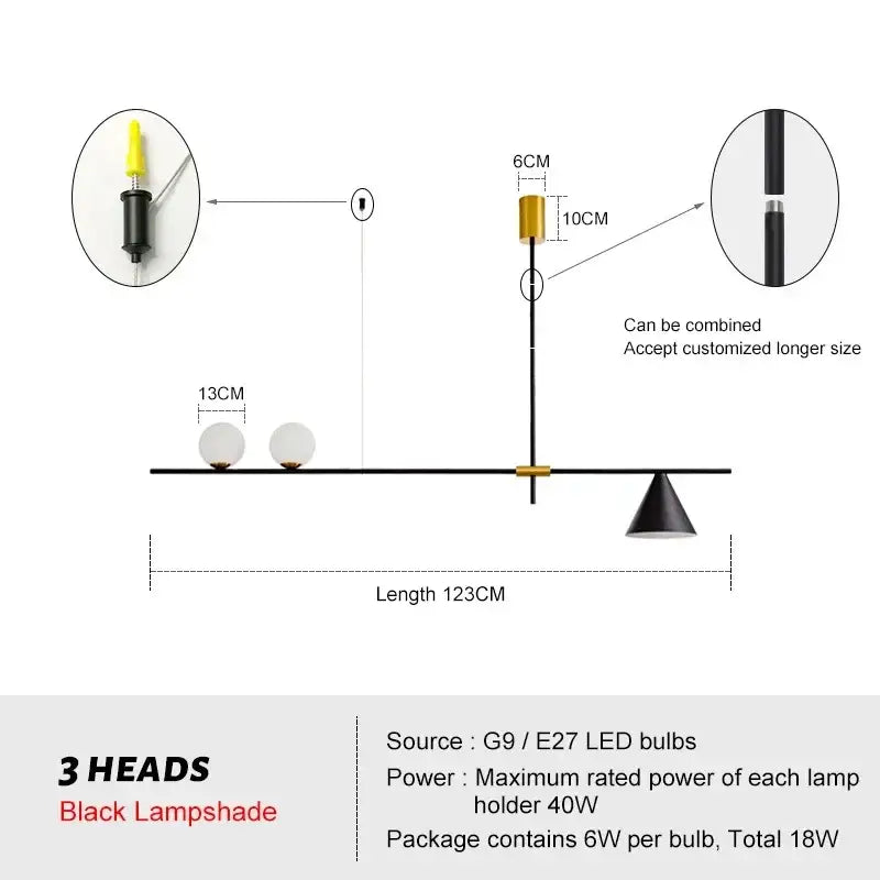 Black minimalist three-head pendant light with sleek metal frame and spherical glass shades for modern dining room chandelier pendant light