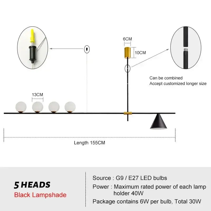 Modern minimalist black lampshade pendant light with five spherical heads and adjustable central pole for dining room