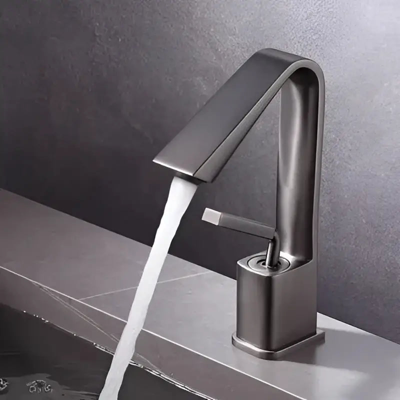 Modern minimalist matte black basin faucet with sleek angular design and single lever handle for bathroom sink decorbites brush gold model