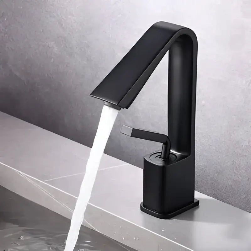 Modern minimalist brush gold basin faucet with black matte finish and sleek angular design for bathroom sink mixer tap