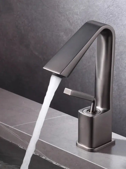 Modern matte black basin faucet with sleek angular design and single lever handle for decorbites brush gold basin use
