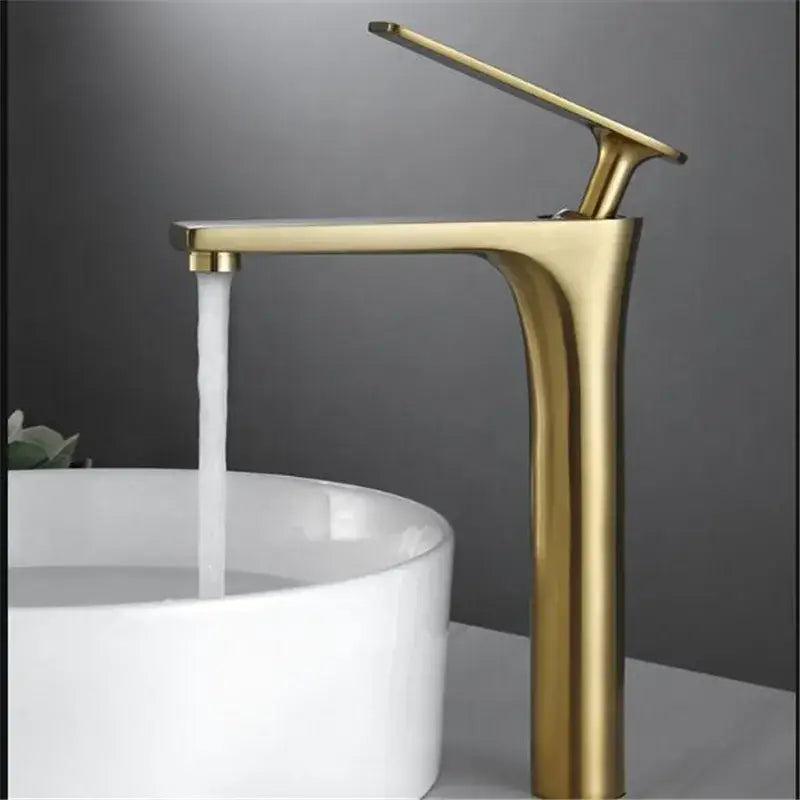 Modern minimalist brushed gold basin faucet with sleek tall design and single handle by decorbites brushed gold collection
