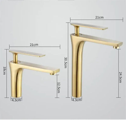 Modern minimalist brushed gold basin faucet with sleek, rectangular spout in decorbites brushed gold finish