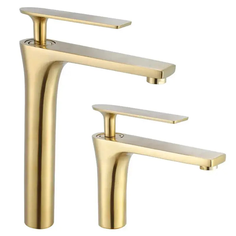 Two modern brushed gold basin faucets with sleek minimalist design and rectangular spout handles decorbites brushed gold