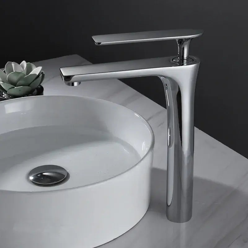 Modern minimalist brushed gold basin faucet with chrome finish and tall slender spout for bathroom decorbites brushed gold