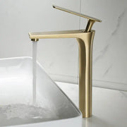 Modern minimalist brushed gold basin faucet with sleek tall spout featuring decorbites brushed gold finish