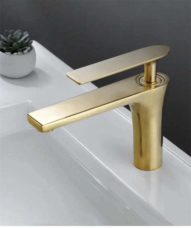 Modern minimalist brushed gold basin faucet with sleek single-handle control decorbites brushed gold finish
